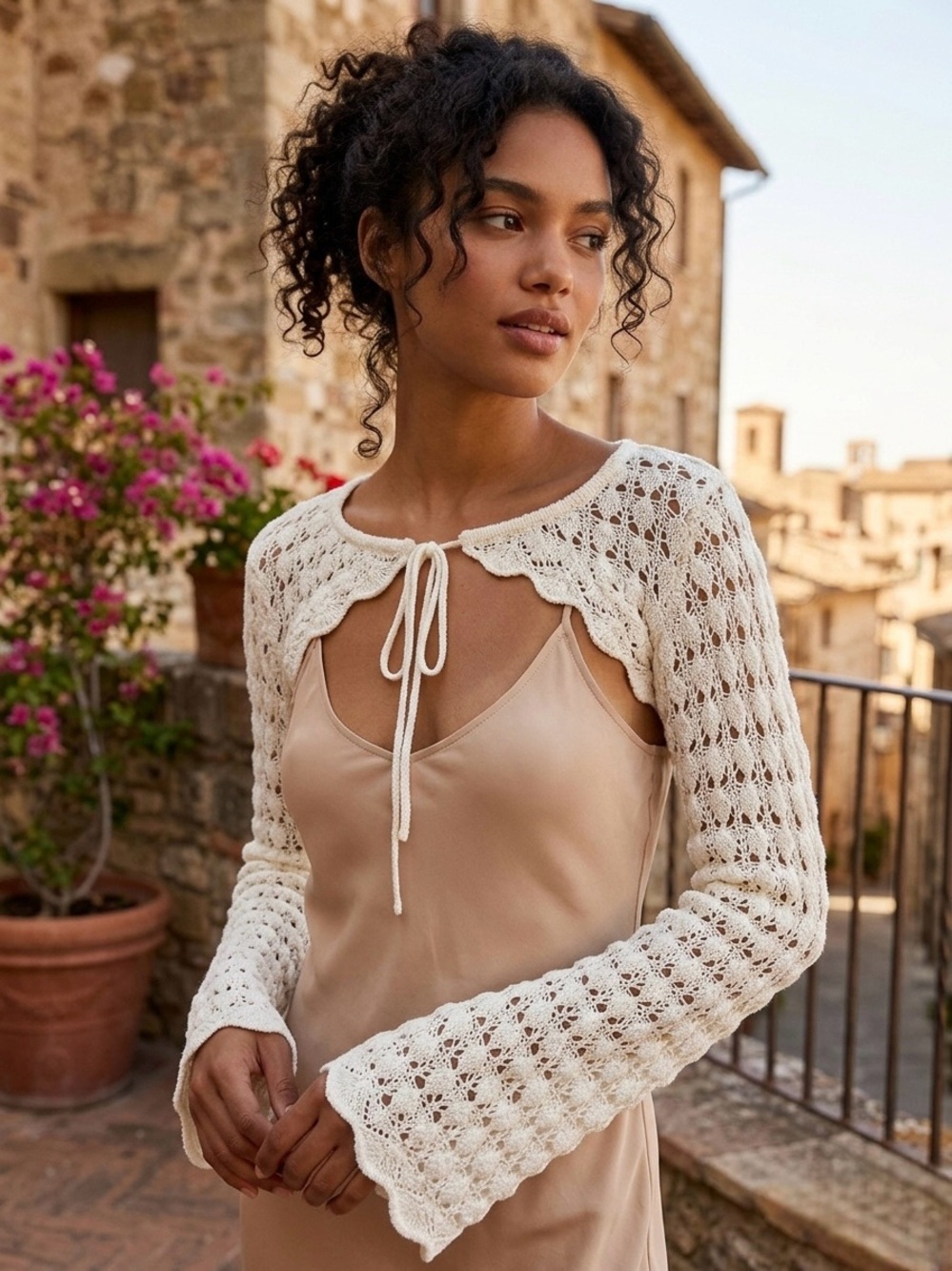 West of Melrose Women's Cream Crochet Tie-Front Shrug